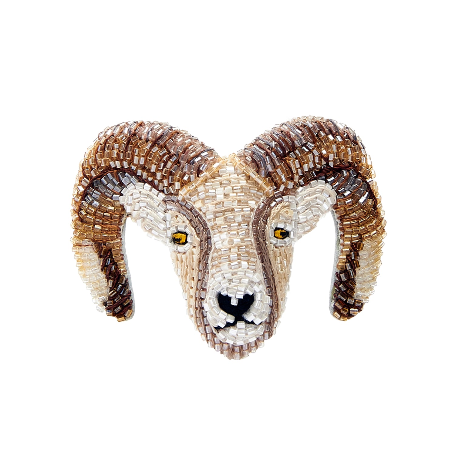 Tan and Ivory Neutral Beaded Ram Brooch on Flat White Background