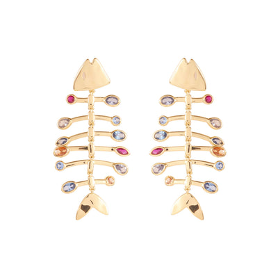 Fossil shaped gold earrings with stones on the sides on white background