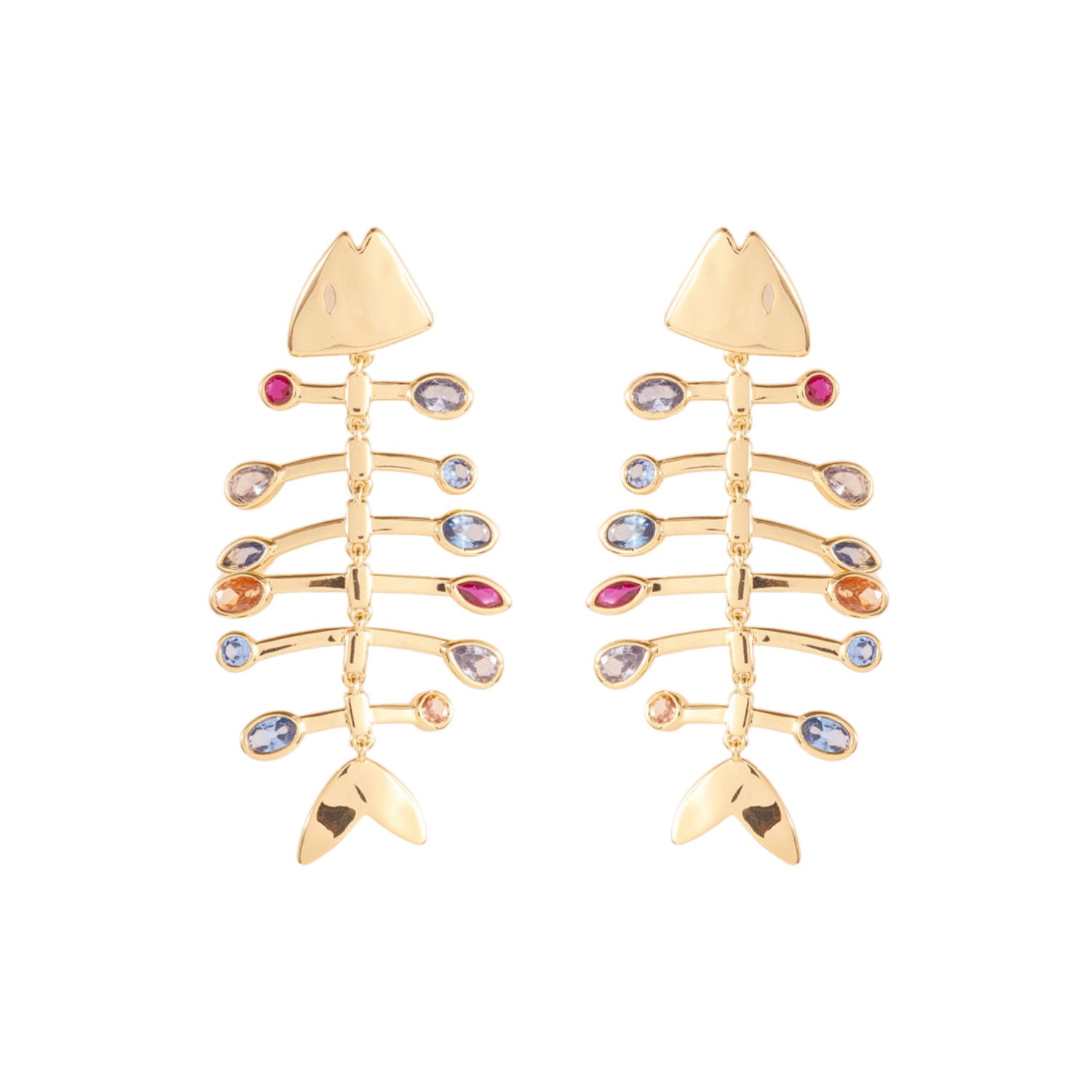 Fossil shaped gold earrings with stones on the sides on white background