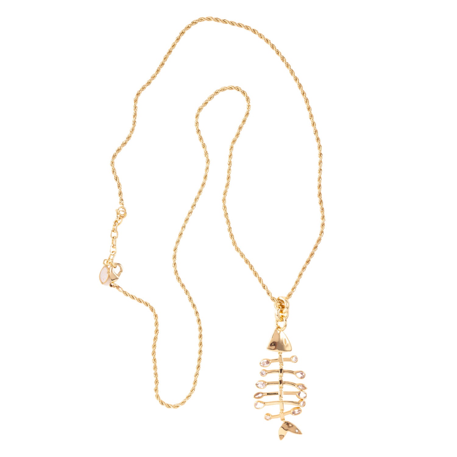 Gold necklace with a unique pendant on a white background