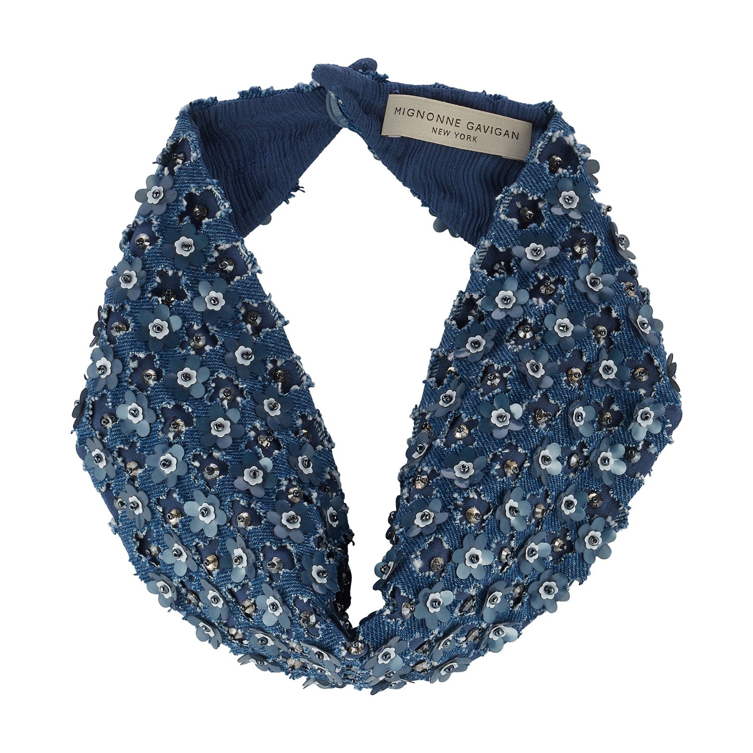 Blue scarf necklace featuring floral and beaded embellishments throughout on white