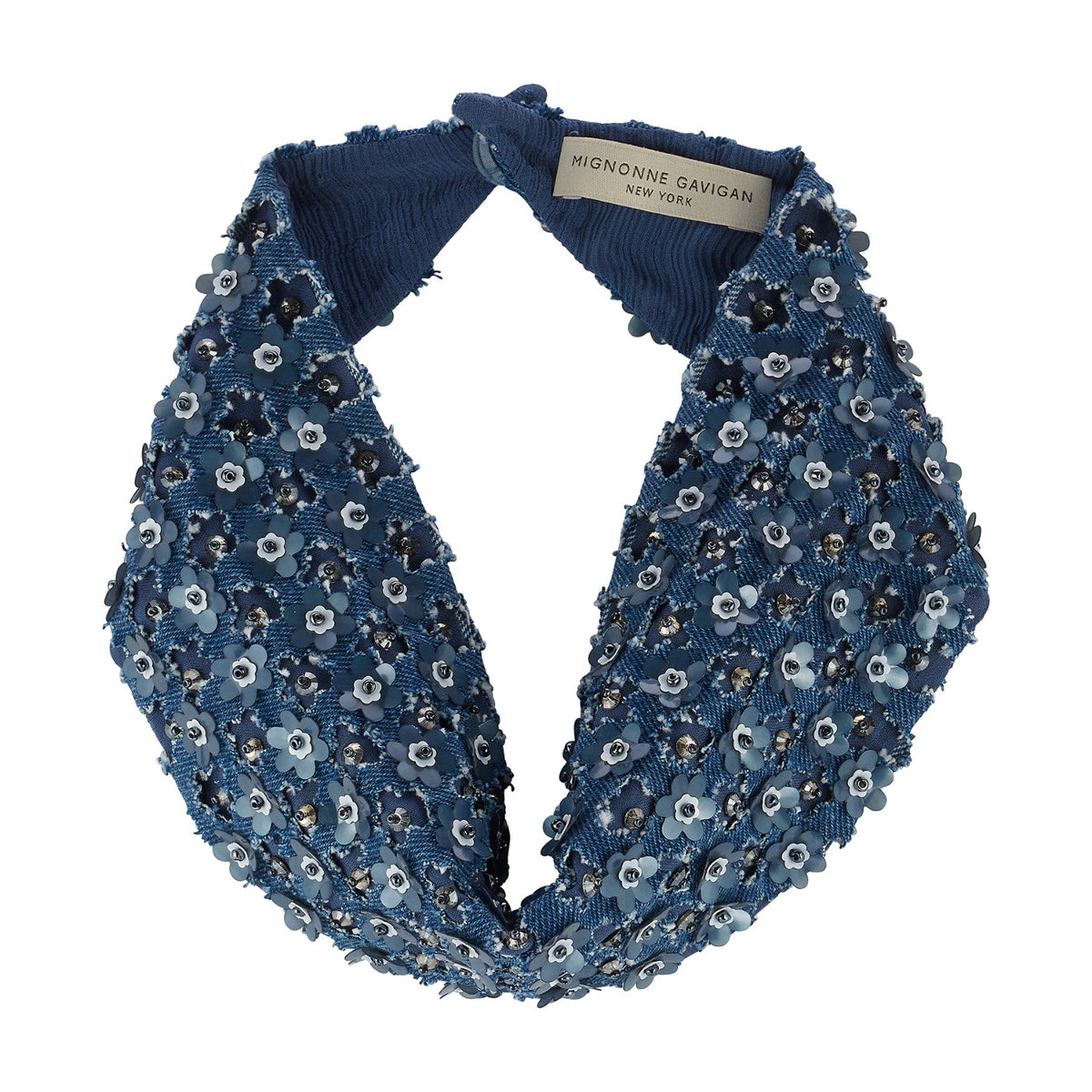 Blue scarf necklace featuring floral and beaded embellishments throughout on white