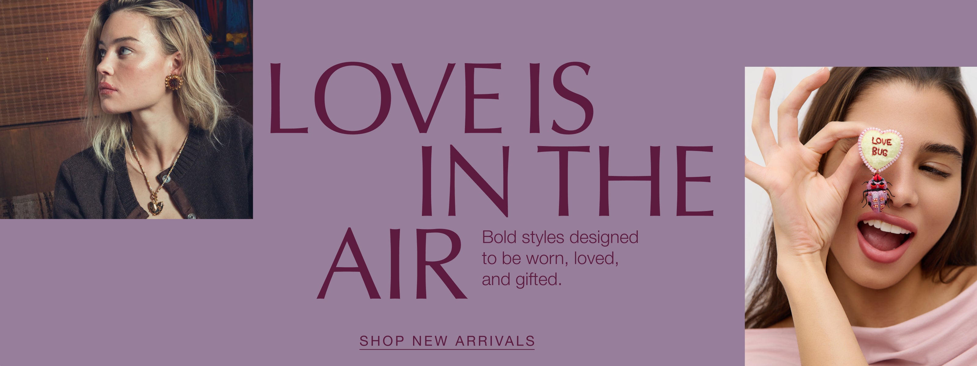 Promotional banner with 'Love is in the Air' text and two people, one with blonde hair and the other with a light bulb on their face.