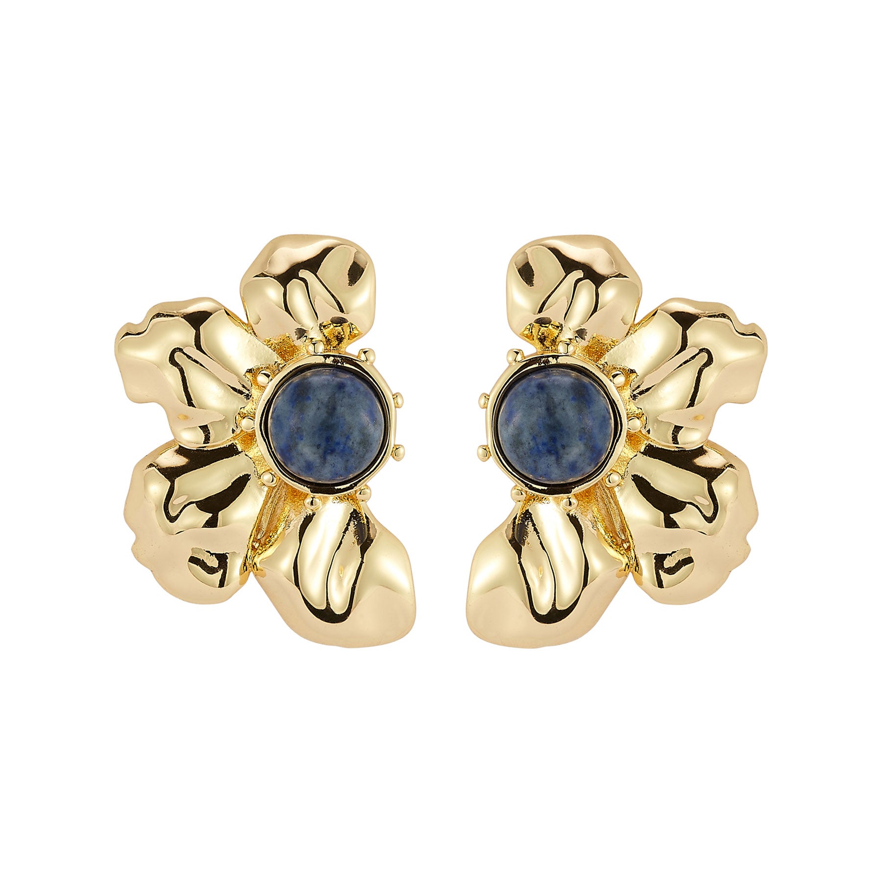 Gold Flower Stud Earrings with Blue Stone Center on Flat White Background