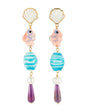 Pair of earrings with shell, pink, blue, and purple beads on a white background