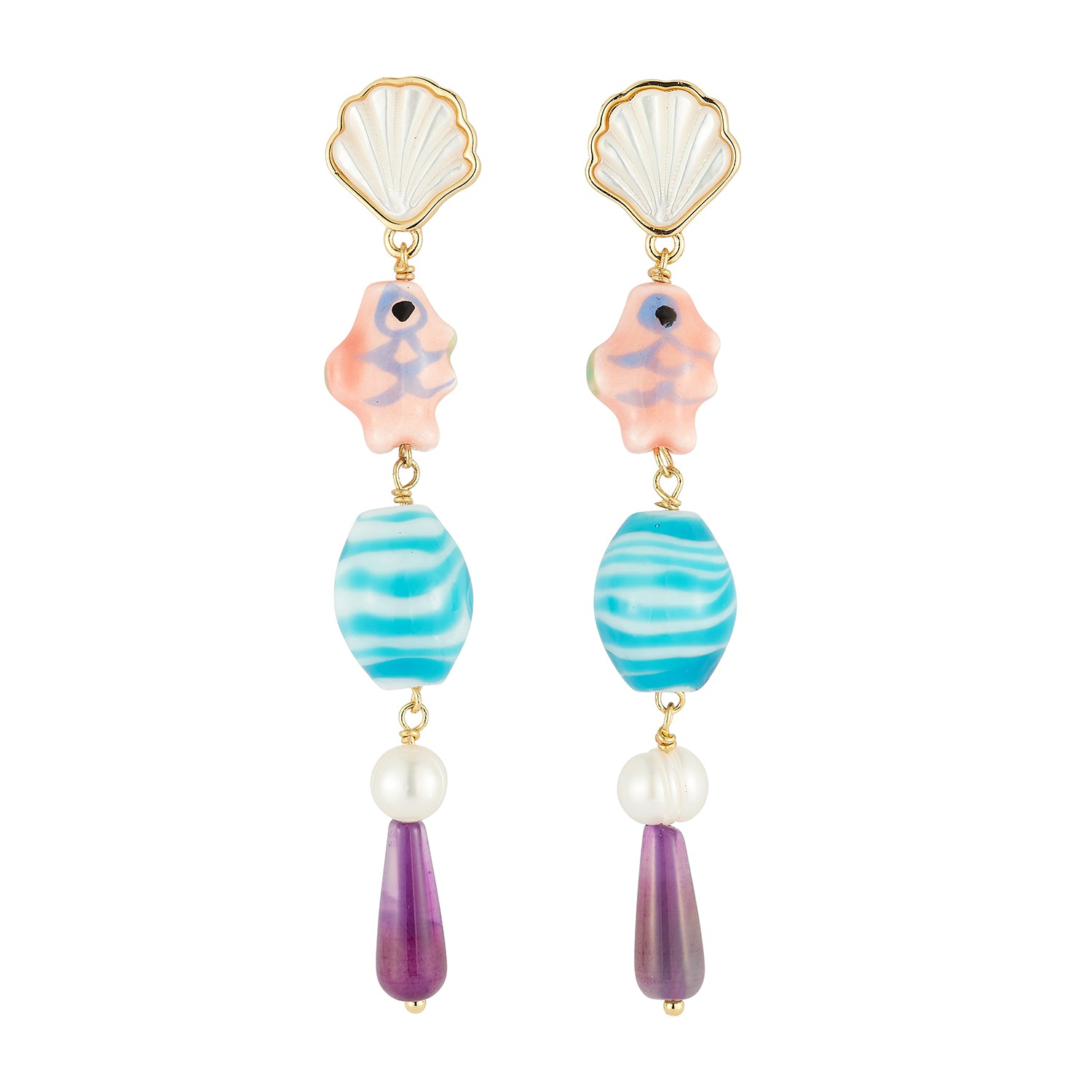 Pair of earrings with shell, pink, blue, and purple beads on a white background