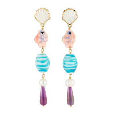 Pair of earrings with shell, pink, blue, and purple beads on a white background