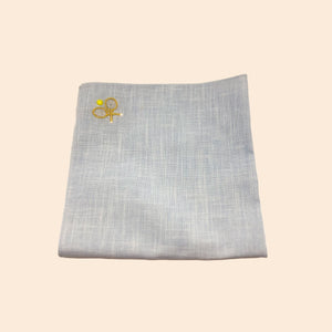 Blue Pocket Square with Tennis Racket and Ball Embroidery on Tan Background