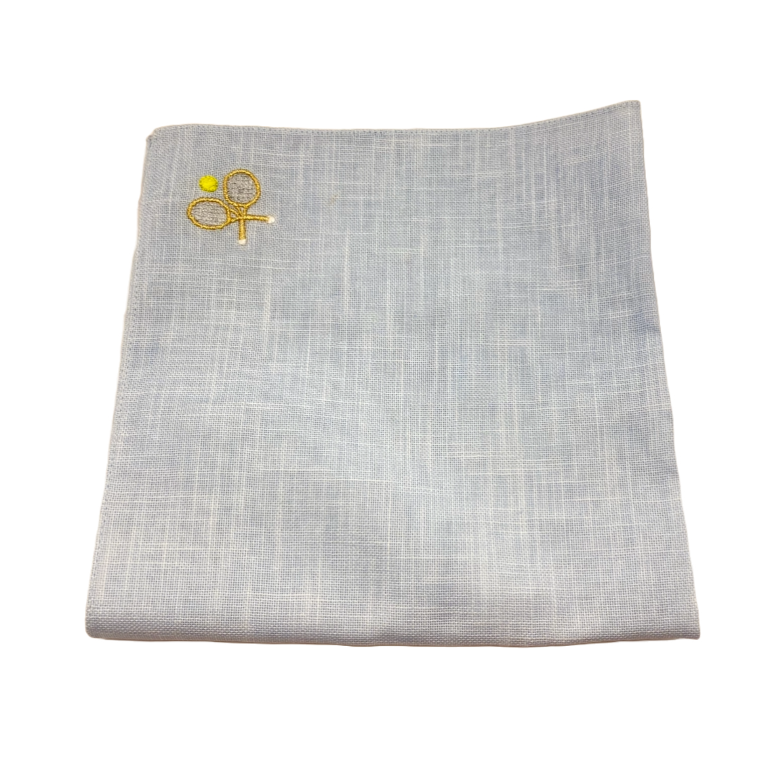 Blue Pocket Square with Tennis Racket and Ball Embroidery on Flat White Background