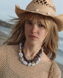 Light Blue and Sand Colored Beaded Strand Necklace Styled on Model with Brown Beaded Strand