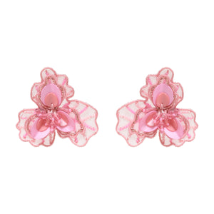 Embroidered and Beaded Pink Flower Stud Earrings on Flat White Background