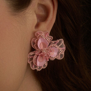 Embroidered and Beaded Pink Flower Stud Earrings Styled on Model's Ear
