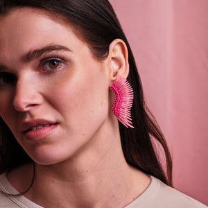 Pink Sequin and Hot Pink Heart Sequin Wing Earrings Styled on Model