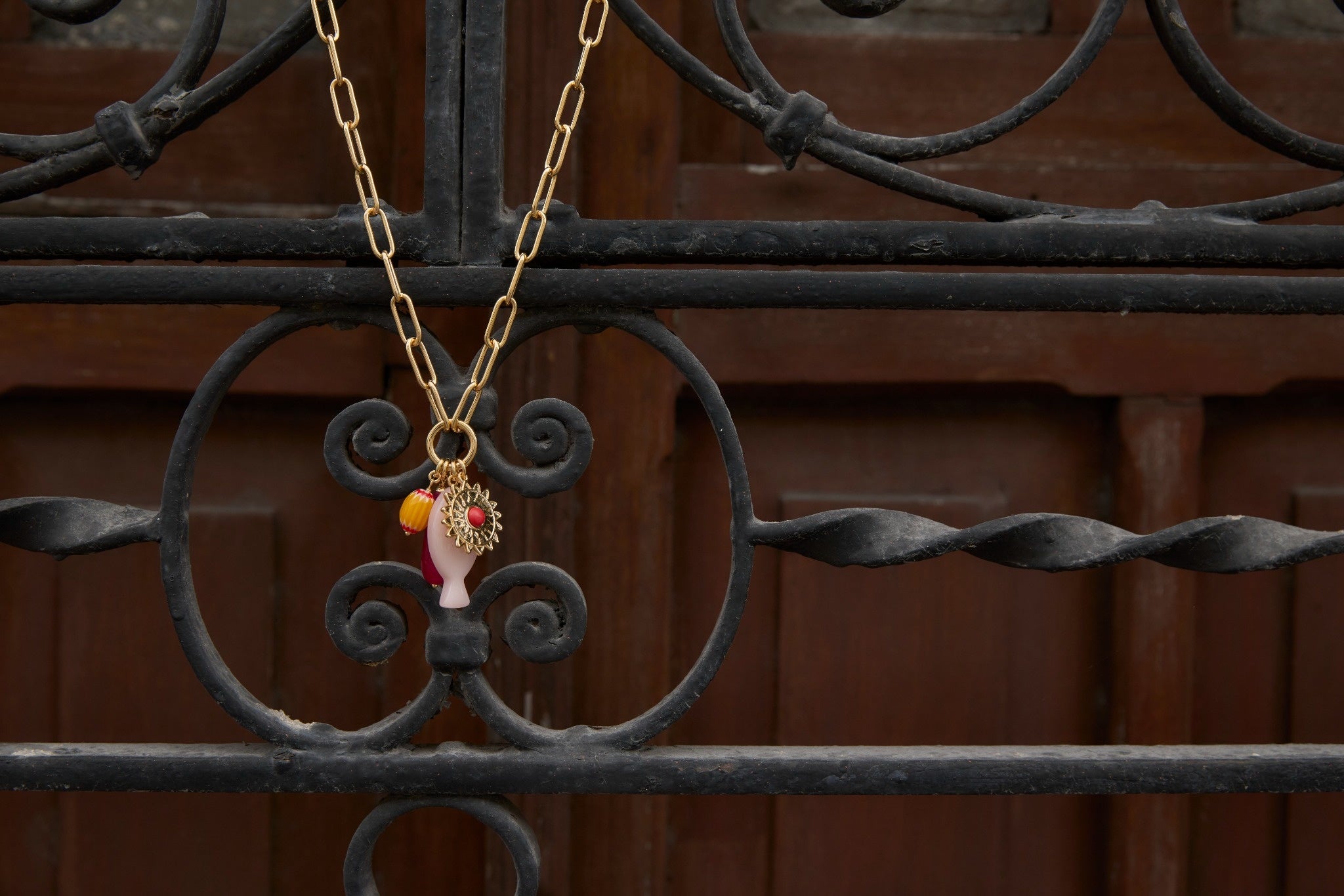 Necklace with a decorative pendant on an iron gate background