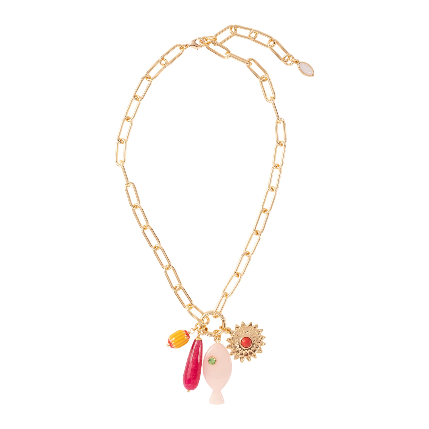 Gold chain necklace with colorful pendant on a white background