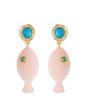 Pair of earrings with pink fish-shaped drops, turquoise and green gemstones on a white background