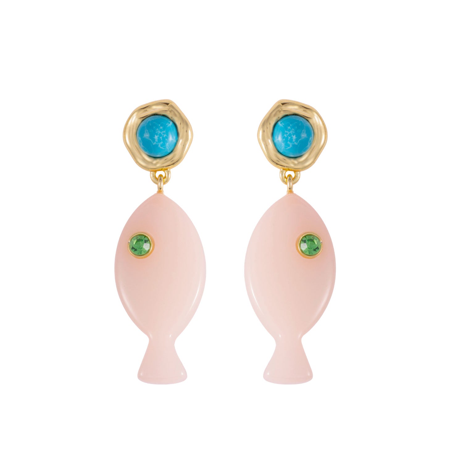Pair of earrings with pink fish-shaped drops, turquoise and green gemstones on a white background