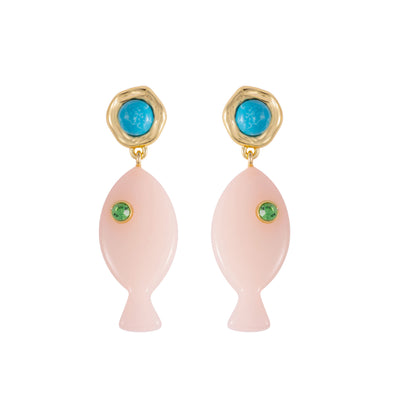 Pair of earrings with pink fish-shaped drops, turquoise and green gemstones on a white background