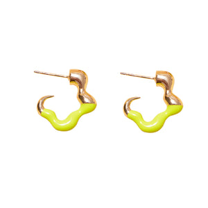 Gold and Lime Enamel Organic Hoops on White Background