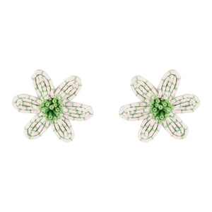 Green and White Flower Stud Earrings on White Background
