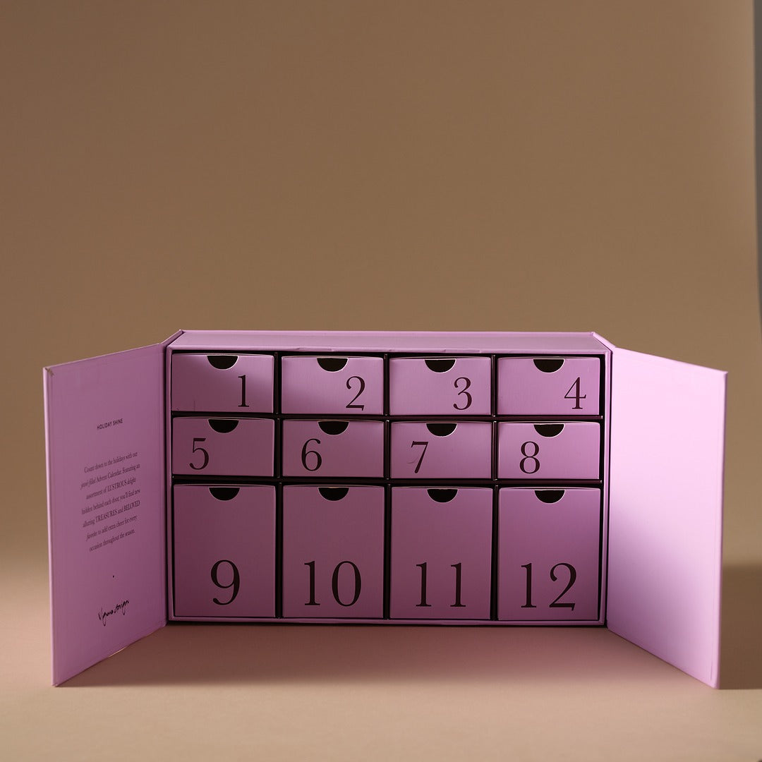 Lilac box with numbers 1-12 on brown background