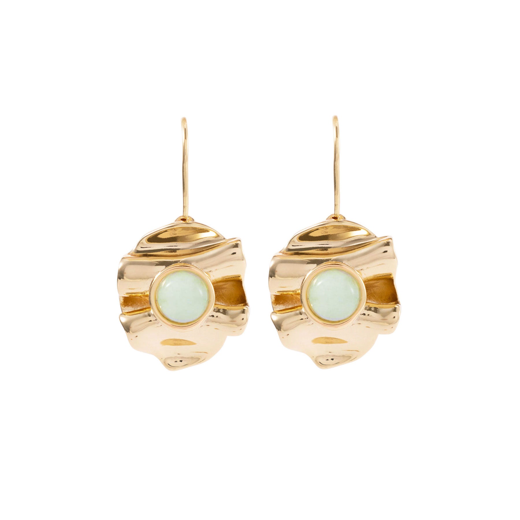 Gold earrings with light green gemstones on a white background