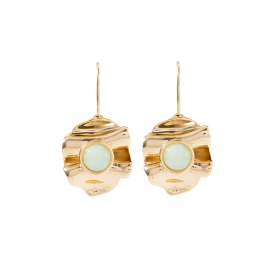 Gold earrings with light green gemstones on a white background