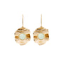 Gold earrings with light green gemstones on a white background