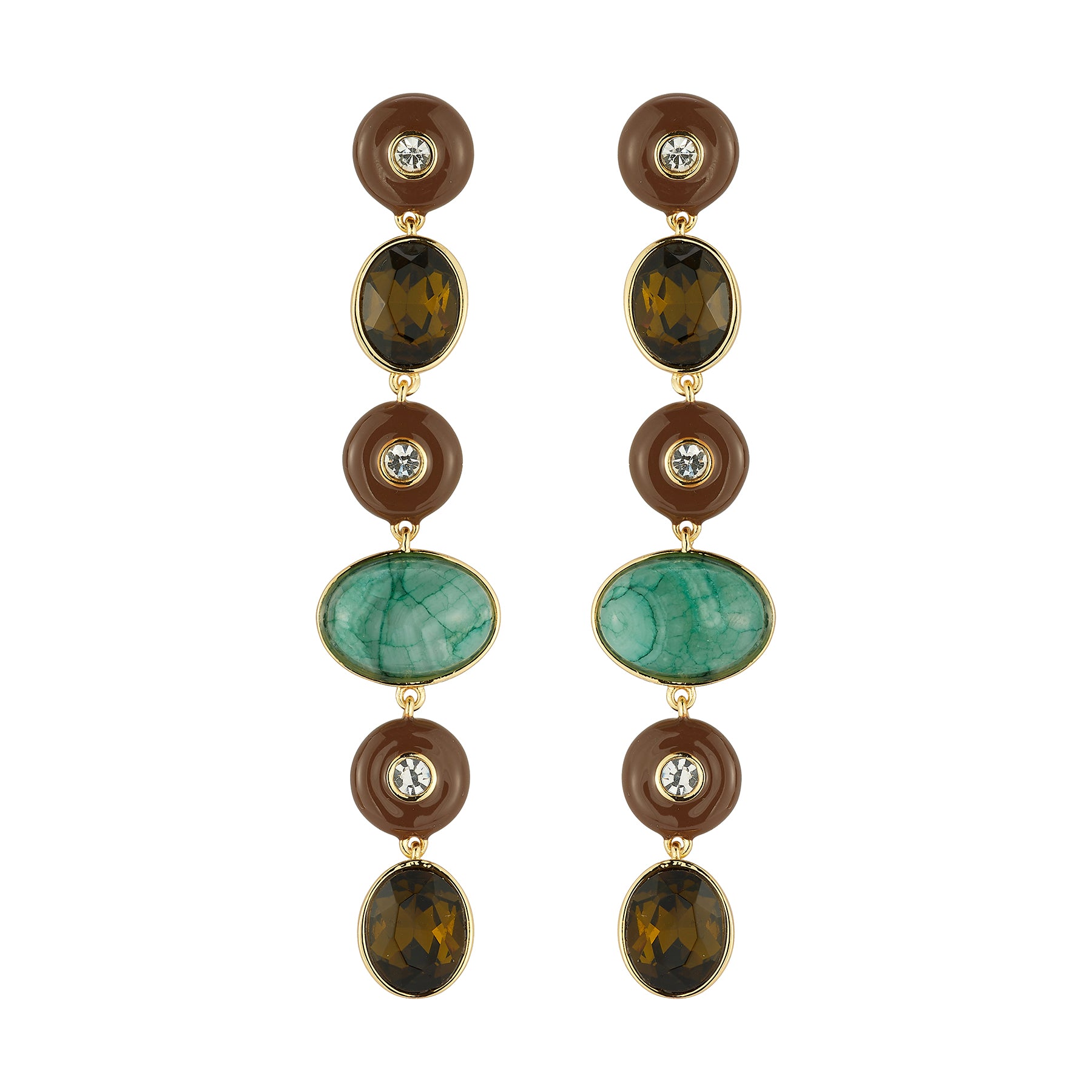 Semi Precious Stone and crystal drop earrings against a white background