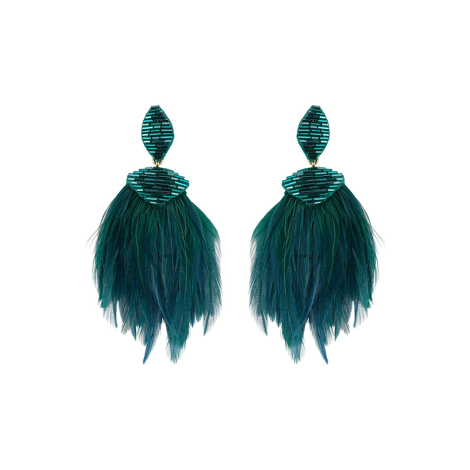 Teal feather drop earrings with gold-tone and green beaded details on white