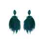 Teal feather drop earrings with gold-tone and green beaded details on white