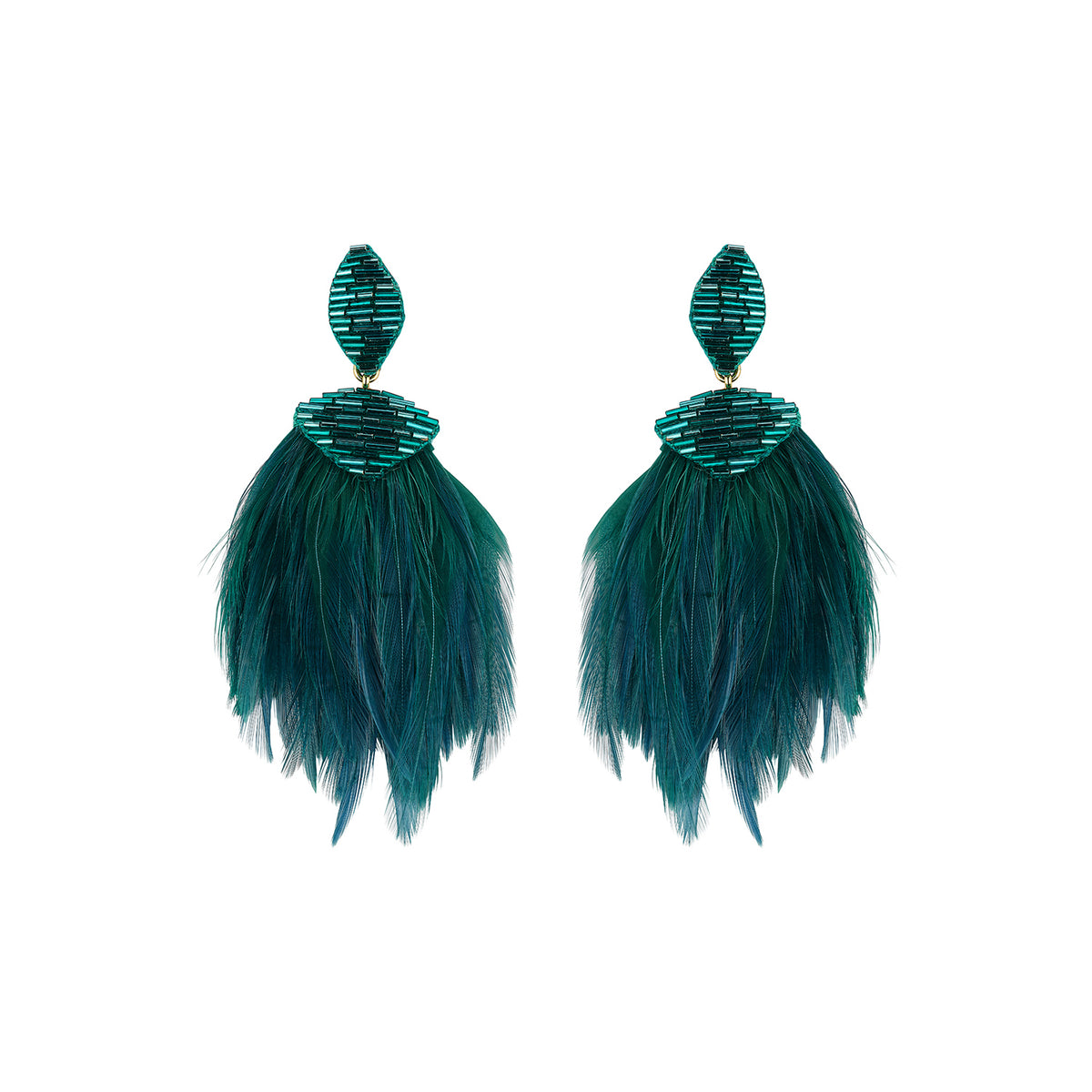 Teal feather drop earrings with gold-tone and green beaded details on white