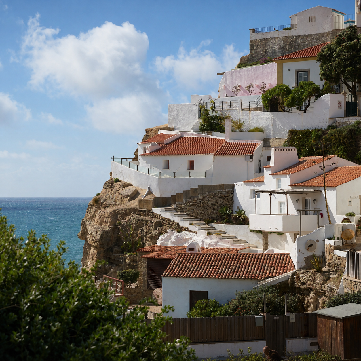 Coastal hillside village with white buildings and terracotta roofs built into rocky cliffs beside the blue sea under a bright sky with clouds.