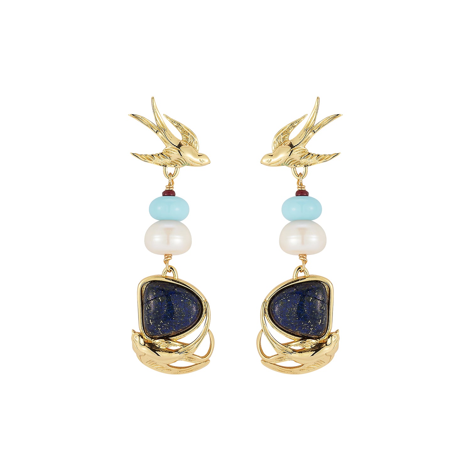 A pair of gold-tone dangle earrings featuring a swallow motif at the top, accented with light blue and white beads, and a large dark blue lapis lazuli-style stone in a wave-like gold setting at the bottom.