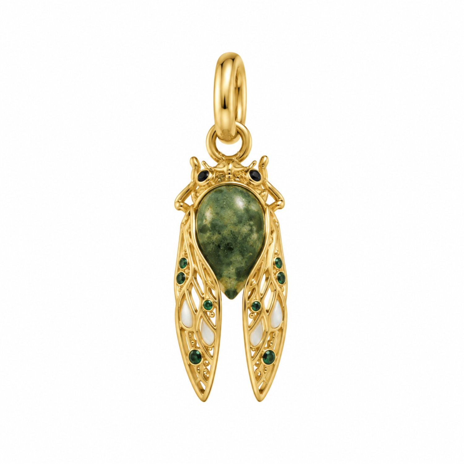 Cicada Inspired Necklace Charm, Green Gold and Black On White 