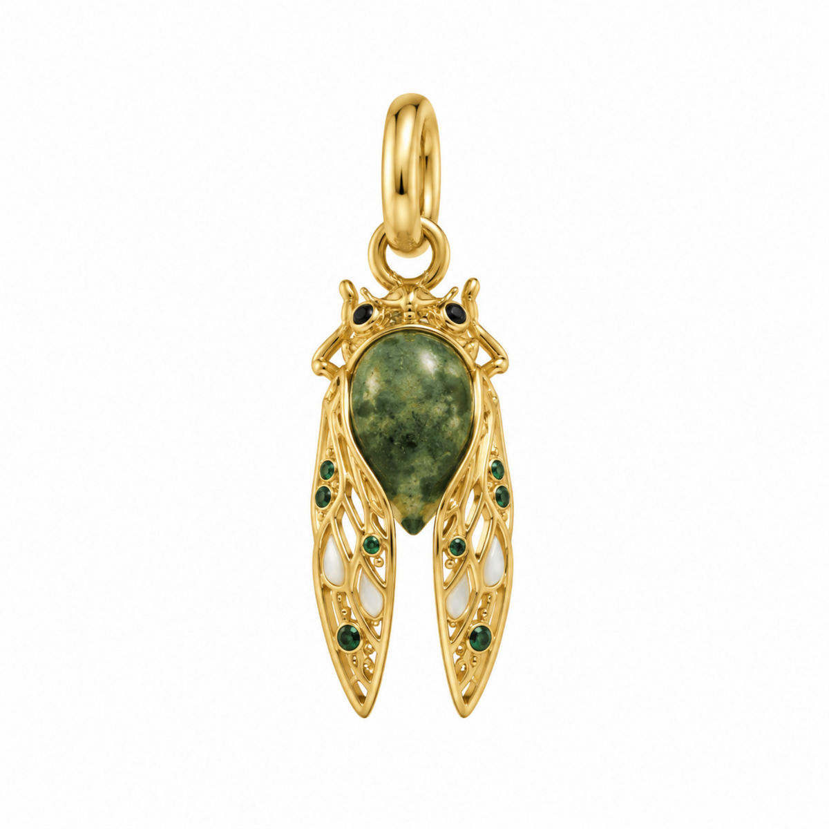 Cicada Inspired Necklace Charm, Green Gold and Black On White 