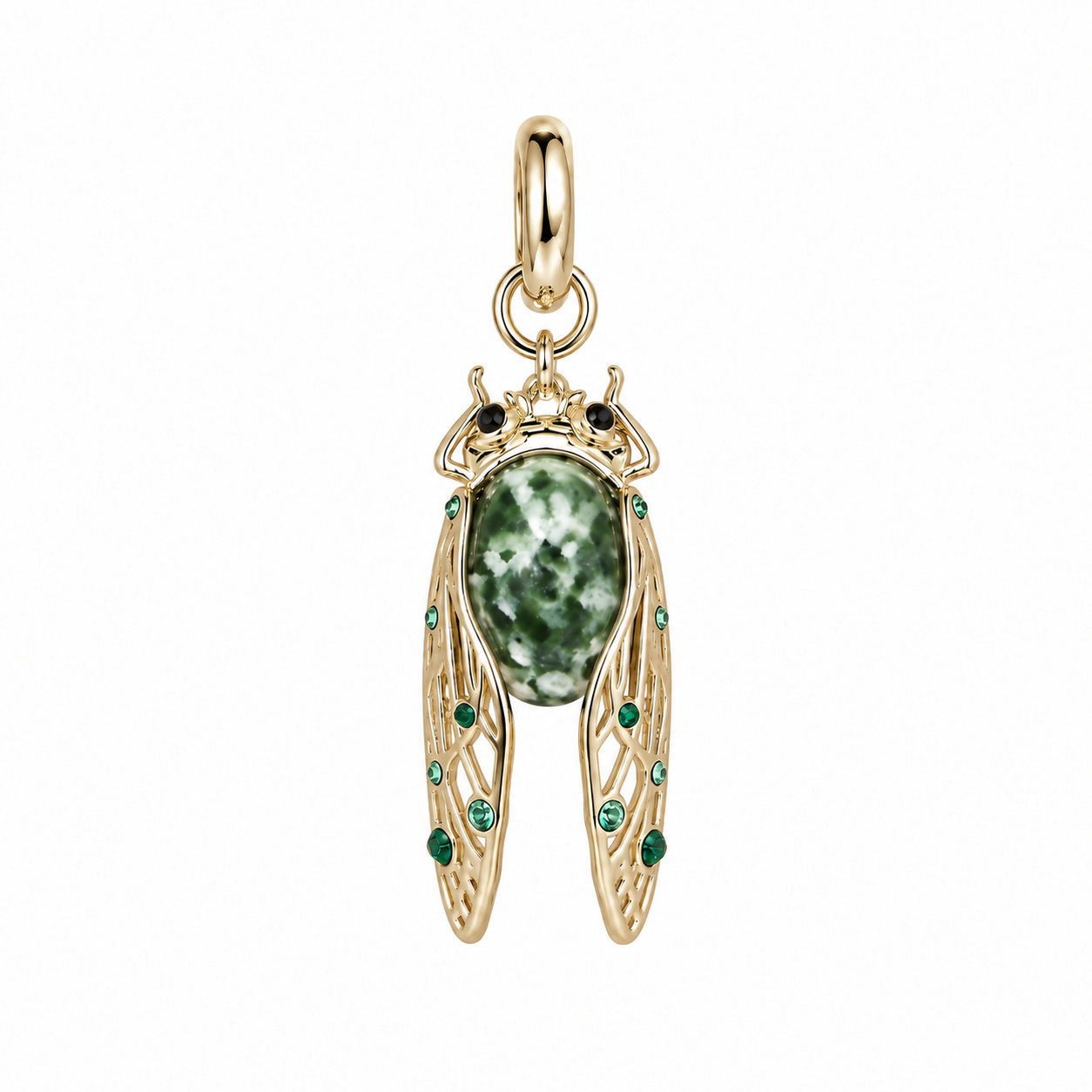Cicada Inspired Necklace Charm, Green Gold and Black On White 