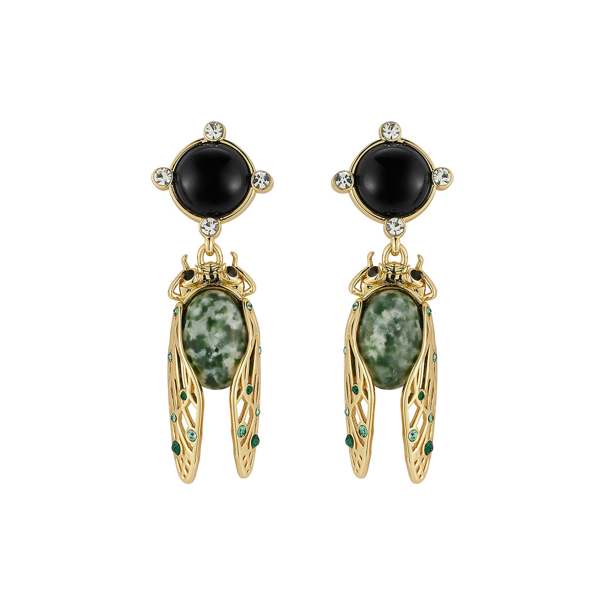 Cicada Style Black, Green and Gold Dangle Earrings on White 