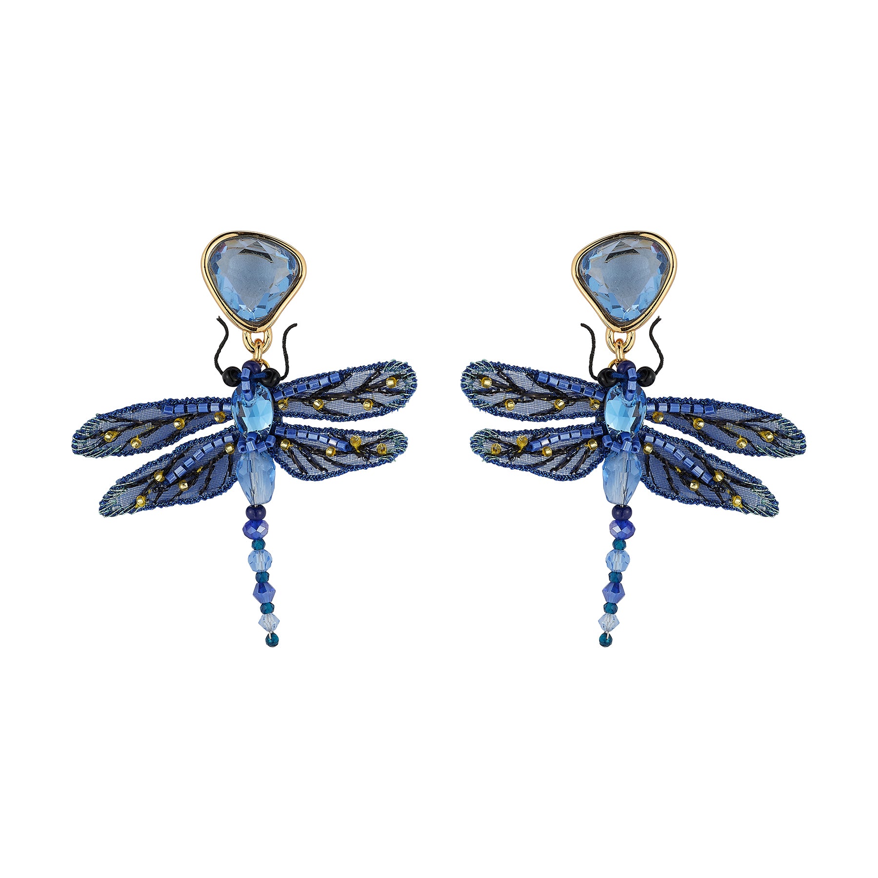 A pair of dragonfly drop earrings featuring blue and gold beaded wings, a light blue faceted gemstone top, and dangling blue beads, shown on a plain white background.