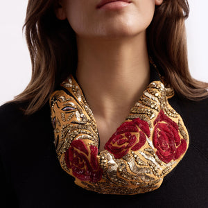 Black, Gold, and Red Tiger Embroidered Scarf Necklace on Model