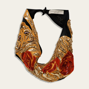 Black, Gold, and Red Tiger Embroidered Scarf Necklace on Tan Background