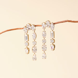 Clear Crystal Drop Earrings Staged on Branch with Tan Background