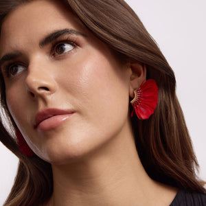 Red Feather and Crystal Wing Earrings Styled on Model