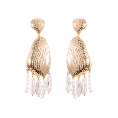 Gold earrings with pearl drops on a white background