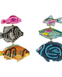 Colorful fish-shaped earrings on a white background