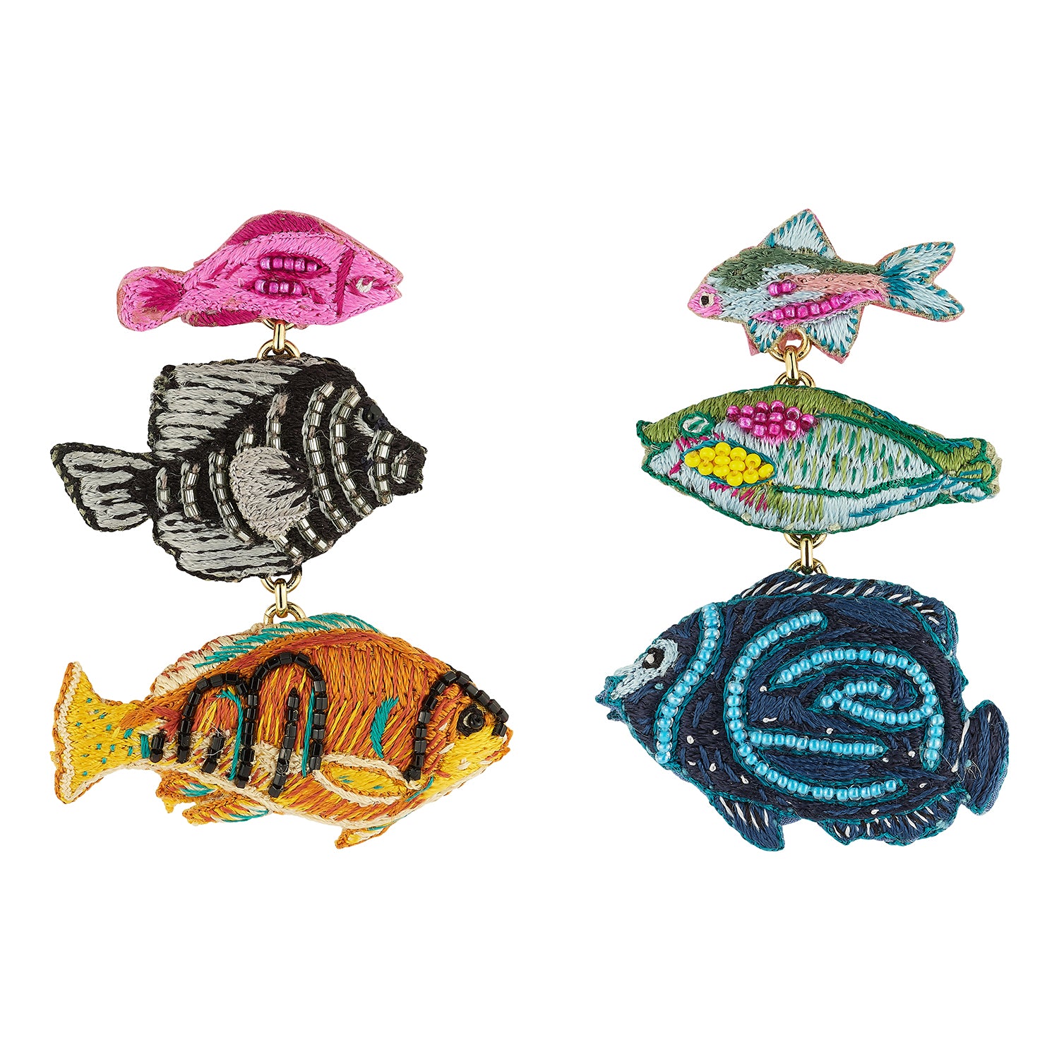 Colorful fish-shaped earrings on a white background
