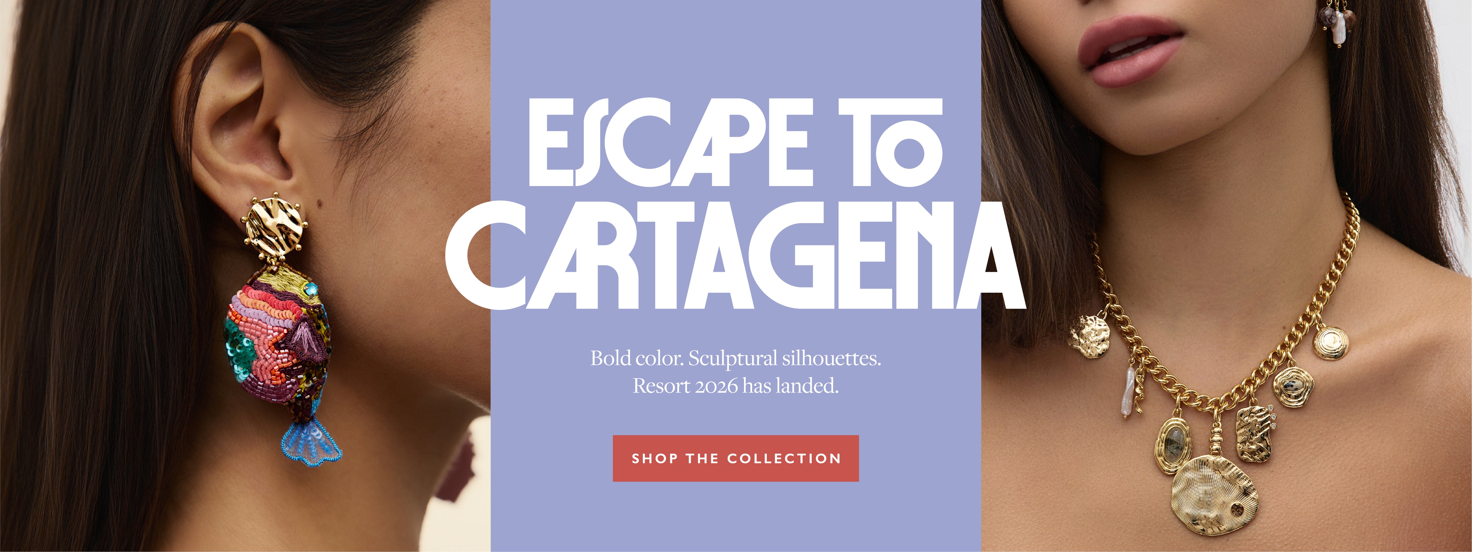 Jewelry advertisement with earrings and necklaces on a model, featuring 'Escape to Cartagena' text.