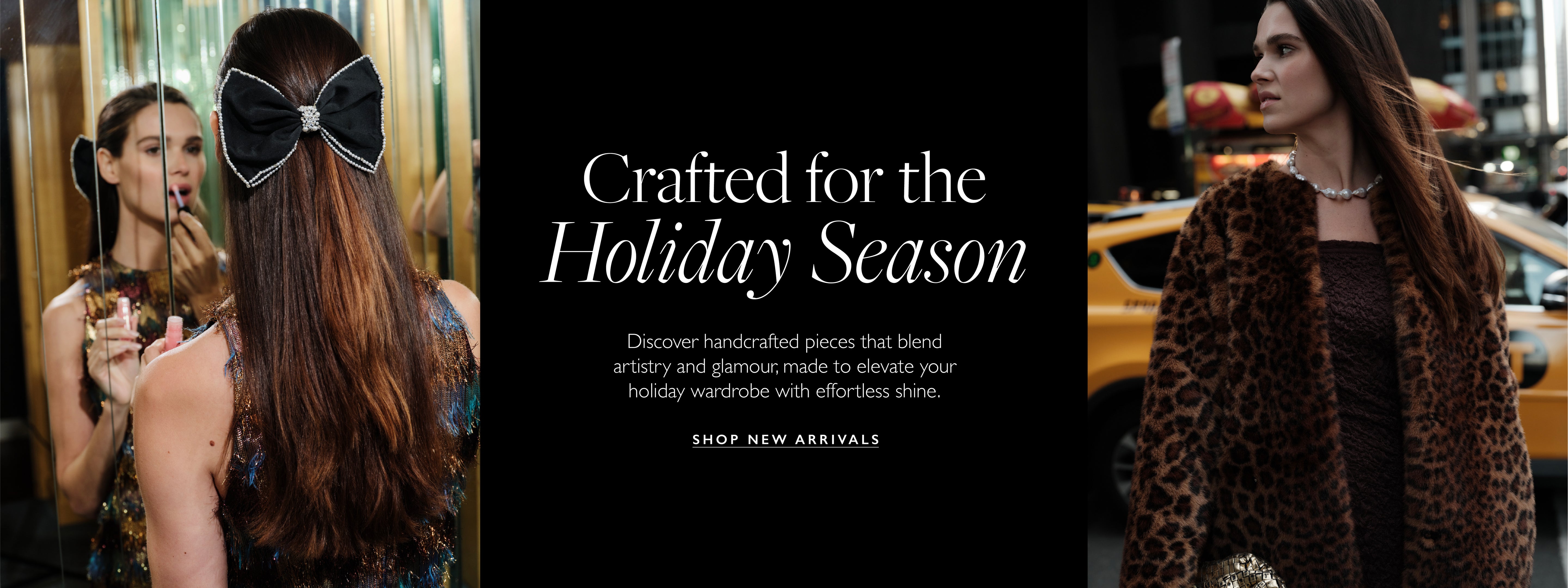 Advertisement for holiday season fashion with a woman in a leopard print coat and a decorative hair bow.