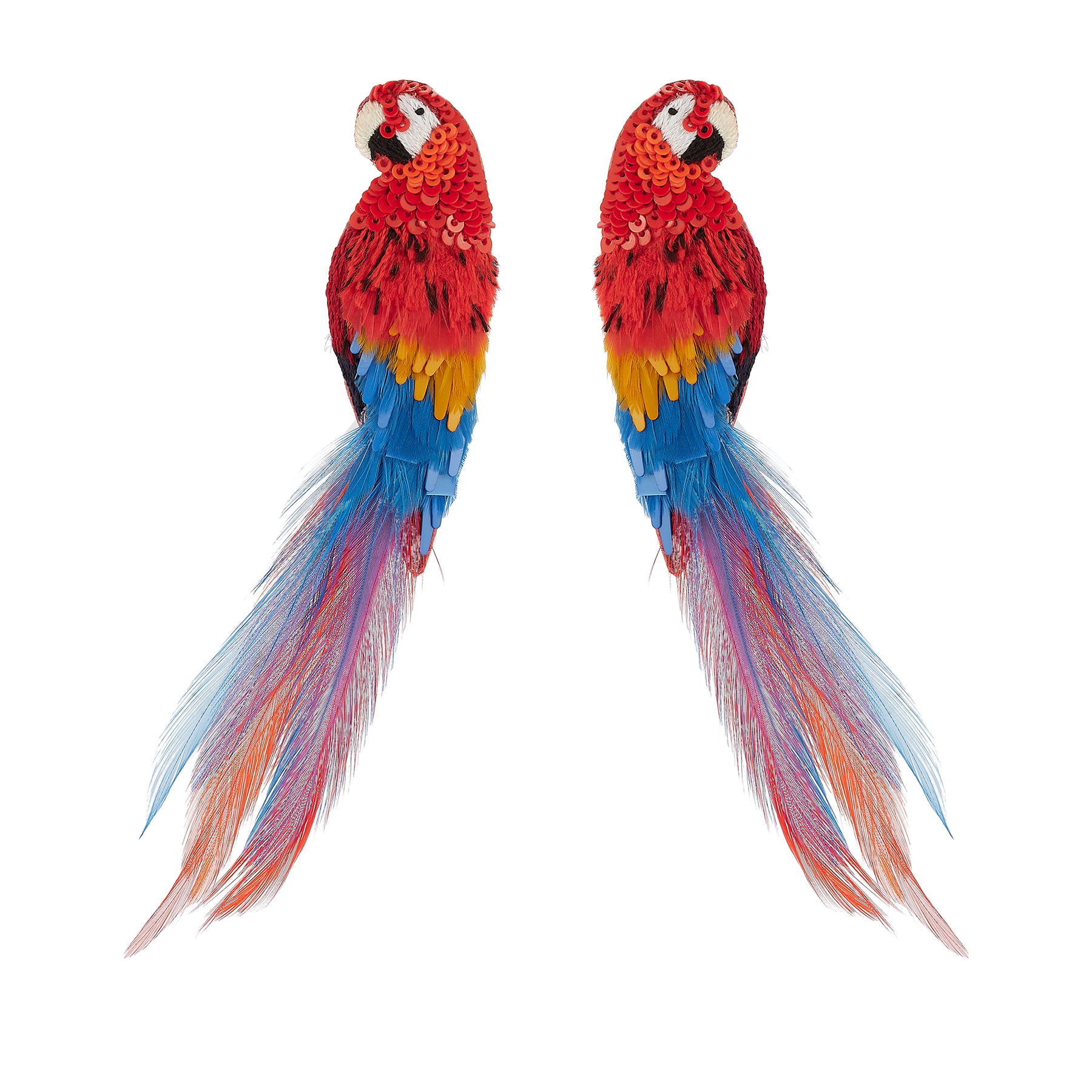 Two colorful parrot earrings on a white background