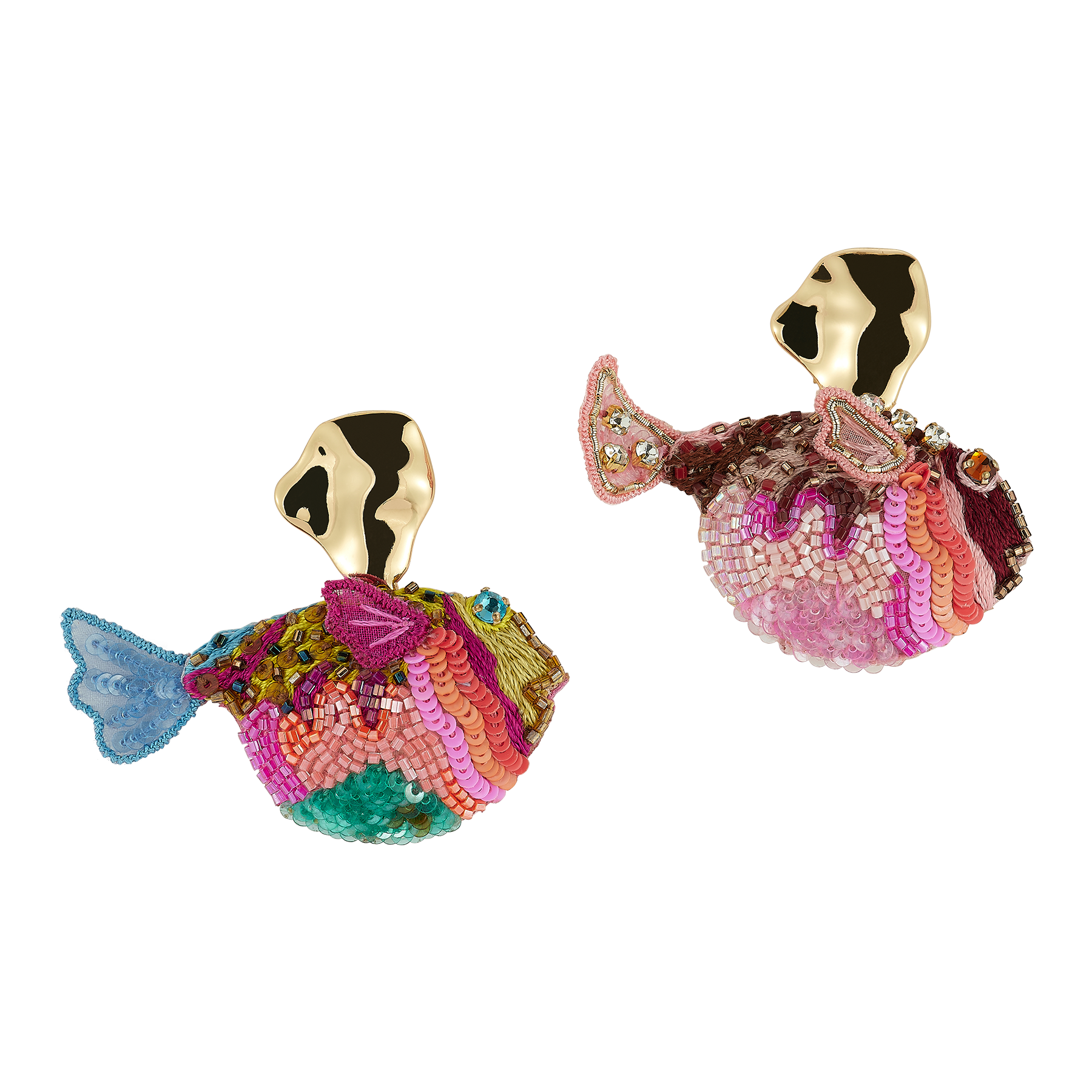 Colorful fish-shaped earrings with gold on a white background